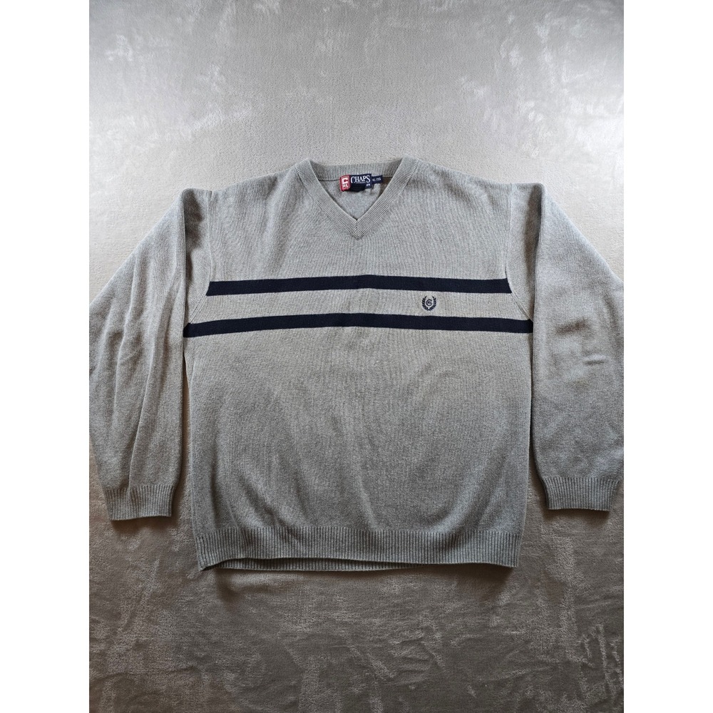 Chaps Ralph Lauren Sweater Mens XL Grey V Neck Striped Crest Long Sleeve *Read